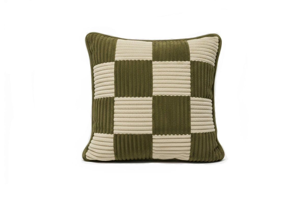 Shappy Check Cushion Dusty Sage Vanilla – geruit ribfluweel kussen