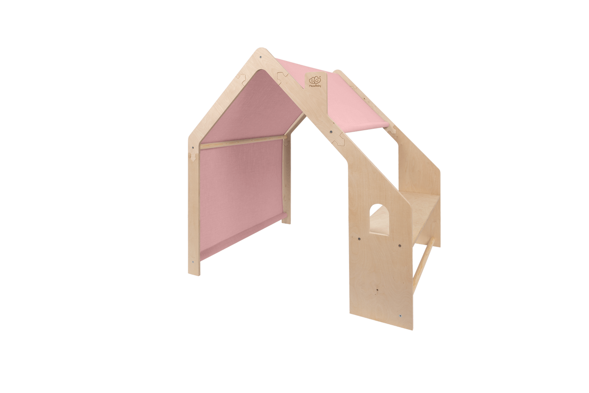 houten speelhuisje naturel met roze dak voor kinderkamer, aanvullende productfoto 2