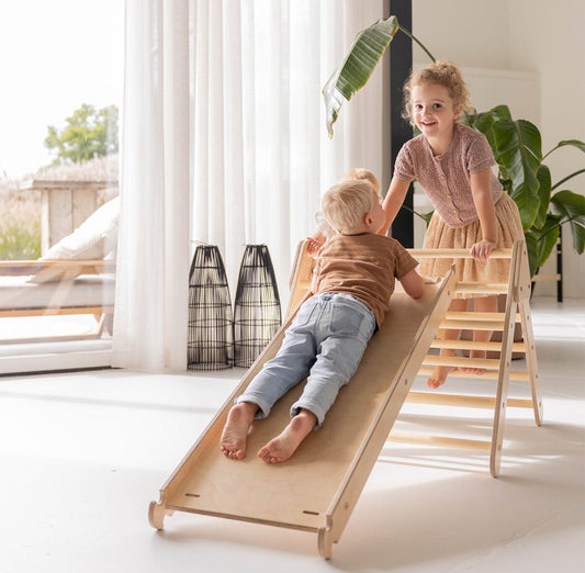 Pikler klimdriehoek premium met glijbaan/klimhelling - naturel - 