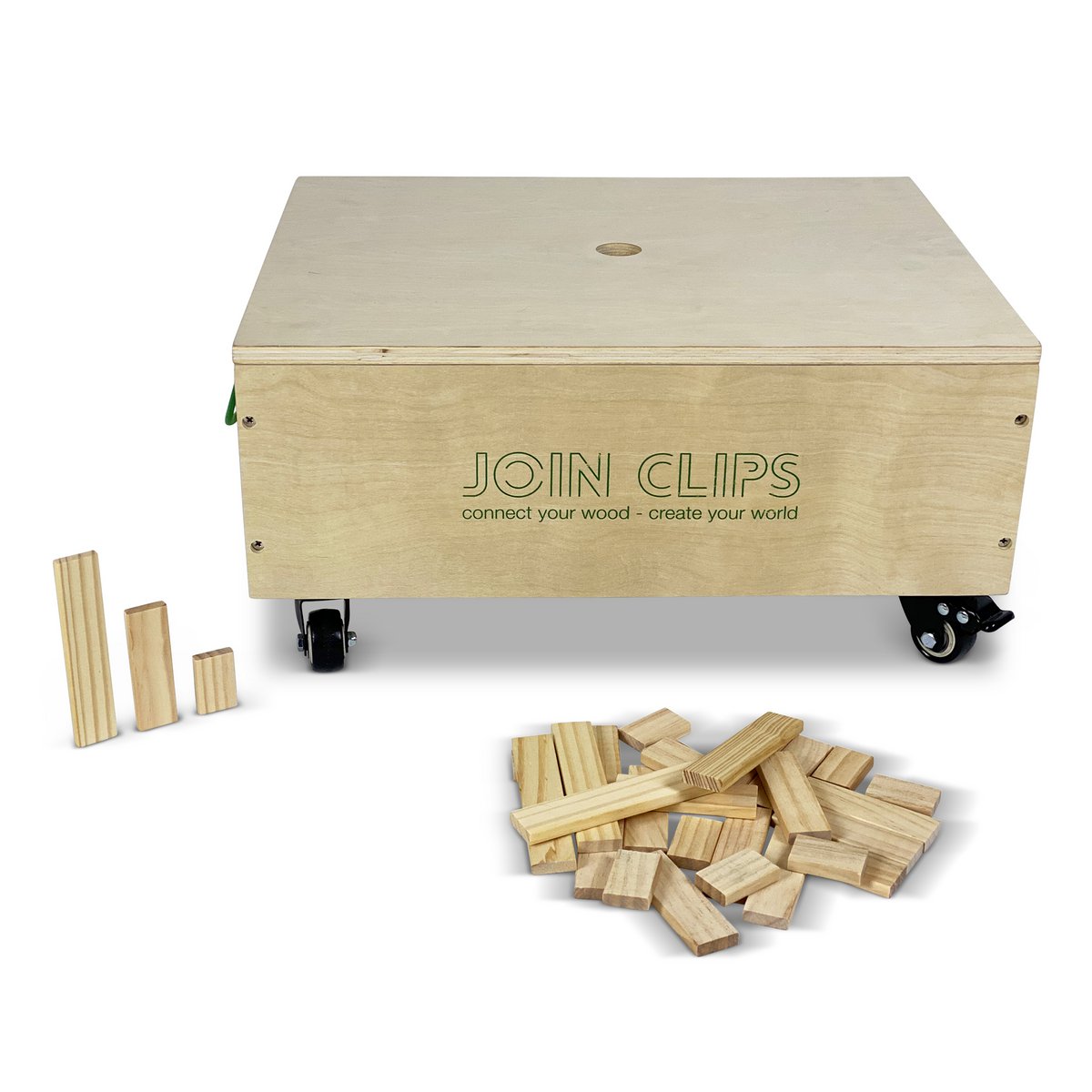 JOIN CLIPS 500 Pro-Bauplättchen — Holzkiste auf Rädern