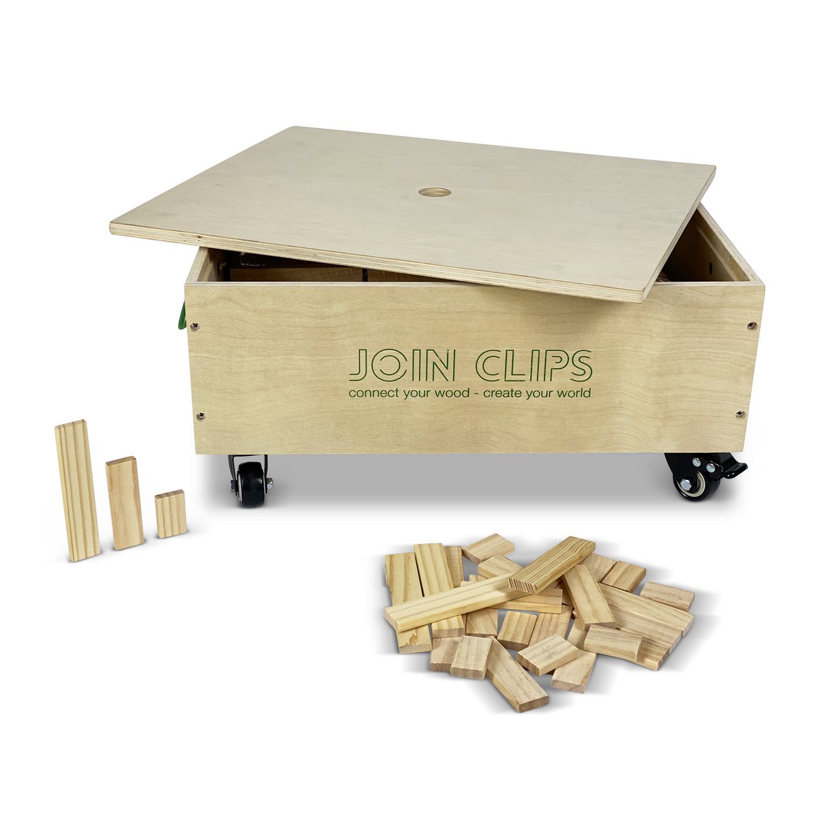 JOIN CLIPS 500 Pro-Bauplättchen — Holzkiste auf Rädern