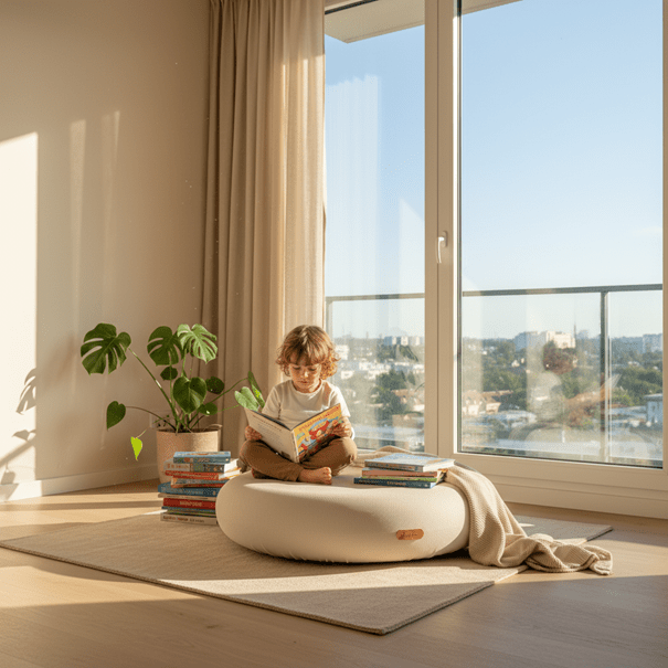 Beiges Jupiduu Indoor-Kindertrampolin im Wohnzimmer