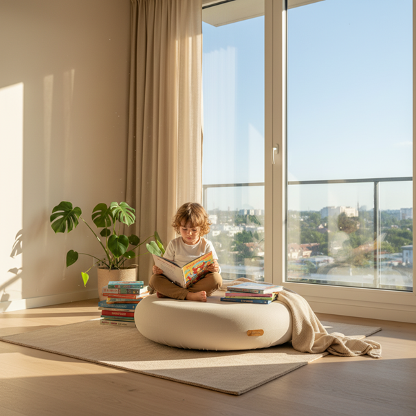 beige Jupiduu kindertrampoline voor binnen in woonkamer