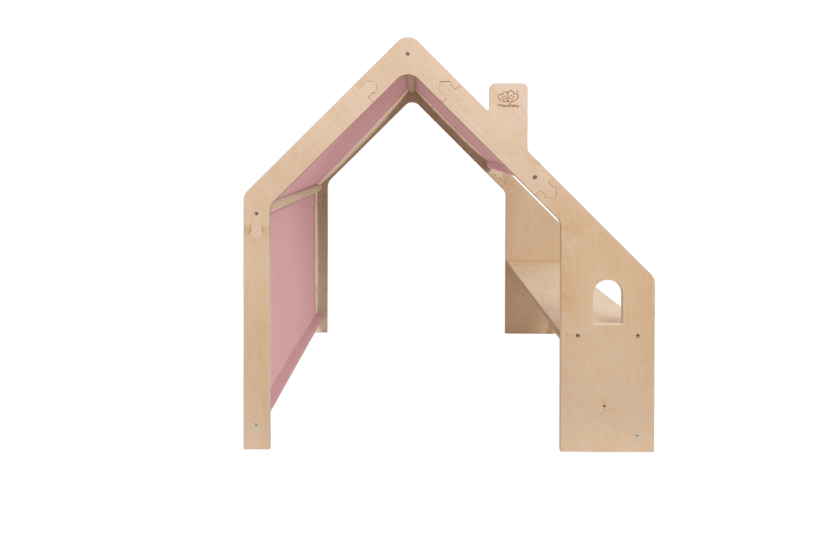 Spielhäuschen aus Holz in Natur mit rosa Dach fürs Kinderzimmer, zusätzliches Produktfoto 3