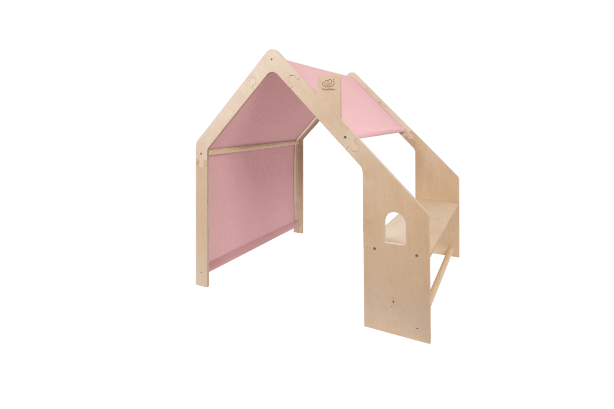 Spielhäuschen aus Holz in Natur mit rosa Dach fürs Kinderzimmer, zusätzliches Produktfoto 2