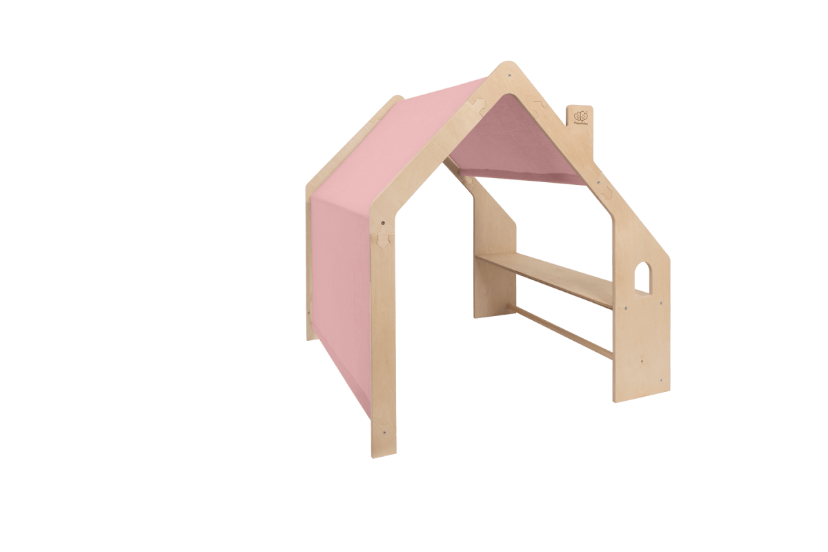 Spielhäuschen aus Holz in Natur mit rosa Dach fürs Kinderzimmer