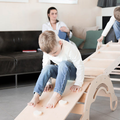 Pikler Triangle + 2 double-sided boards + wooden BusyKids Swing set (large) - Bright colour