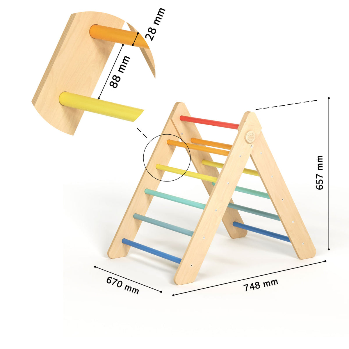 BusyKids Pikler set – driehoek, plank &amp; balanswip – regenboog – productbeeld 10