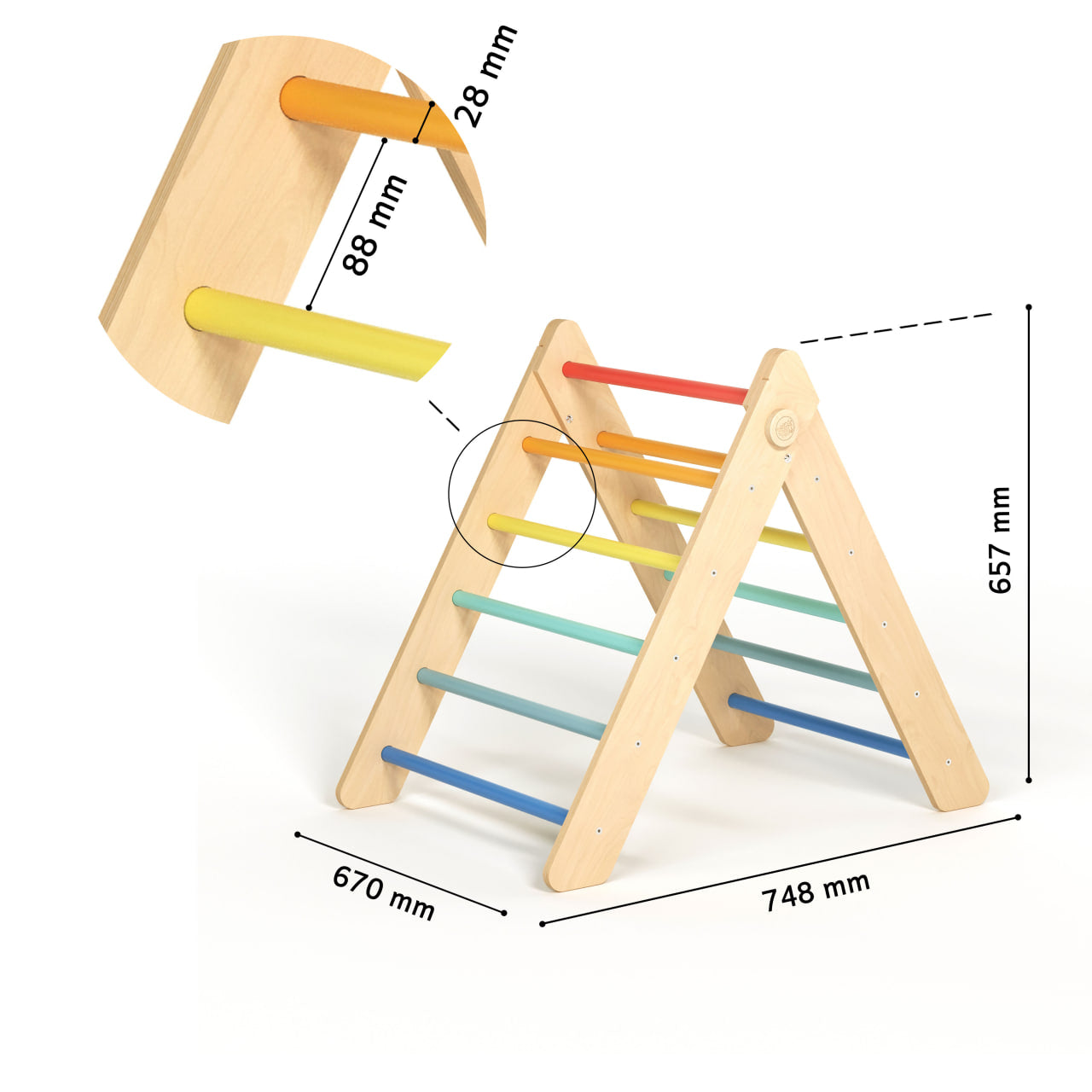 BusyKids Pikler set – driehoek, plank & balanswip – regenboog – productbeeld 10