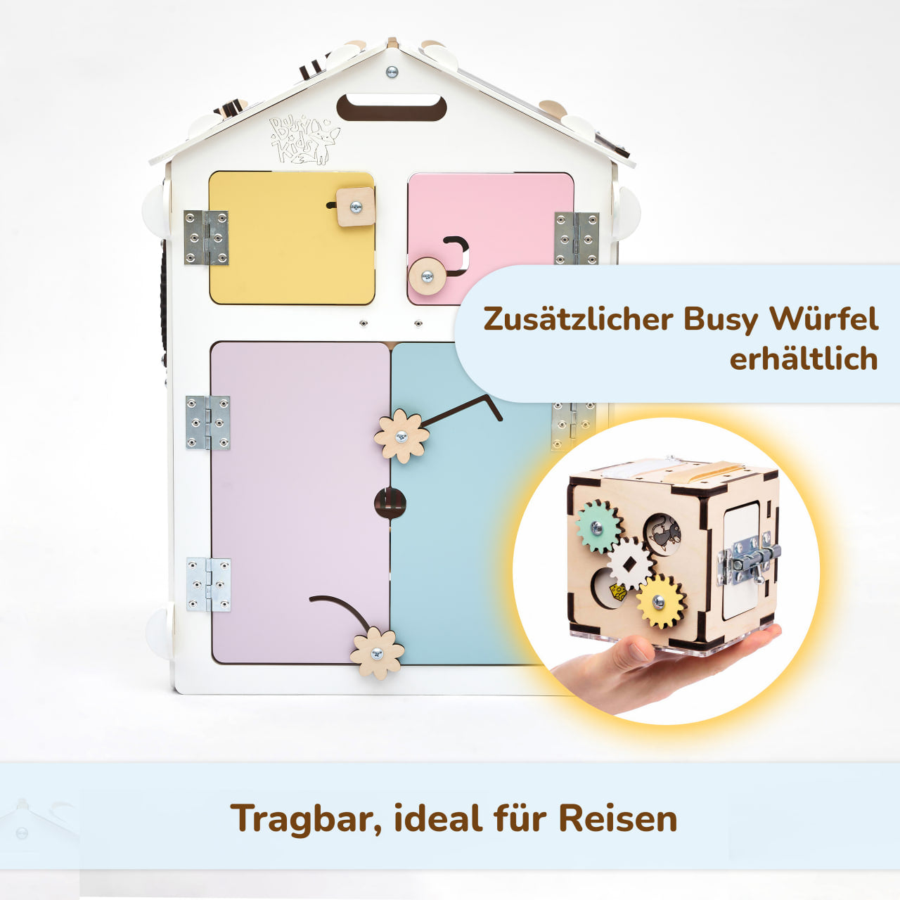 Set - BusyBoard Häuschen weiß/pastell und kreativer Würfel