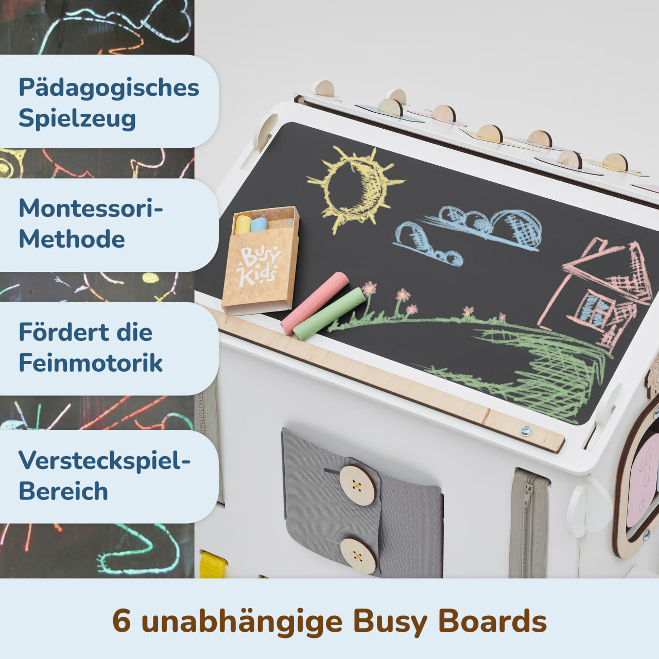 Set - BusyBoard Häuschen weiß/pastell und kreativer Würfel