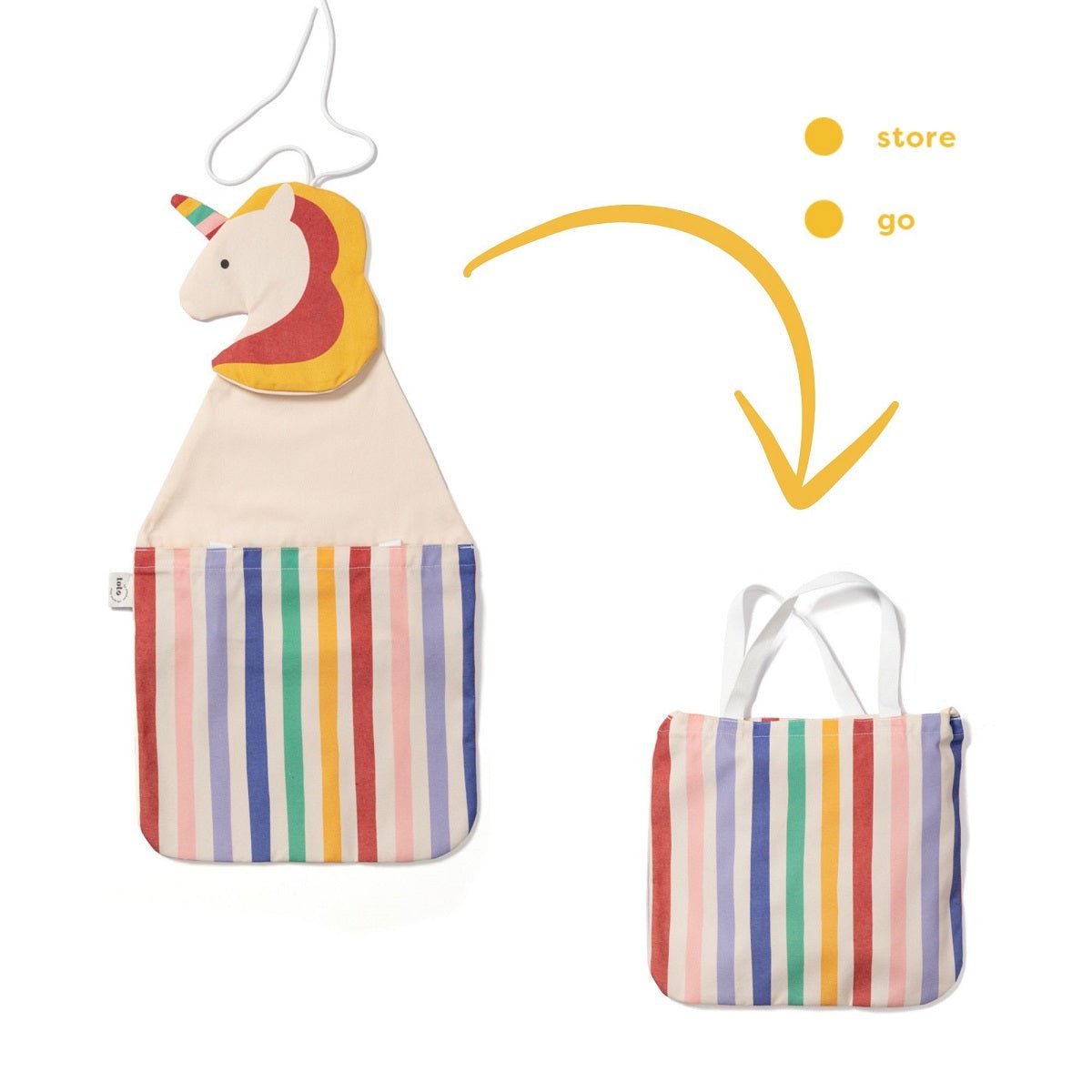 Play&amp;Go Toto Unicorn als Wandaufbewahrer und gestreifte Tragetasche