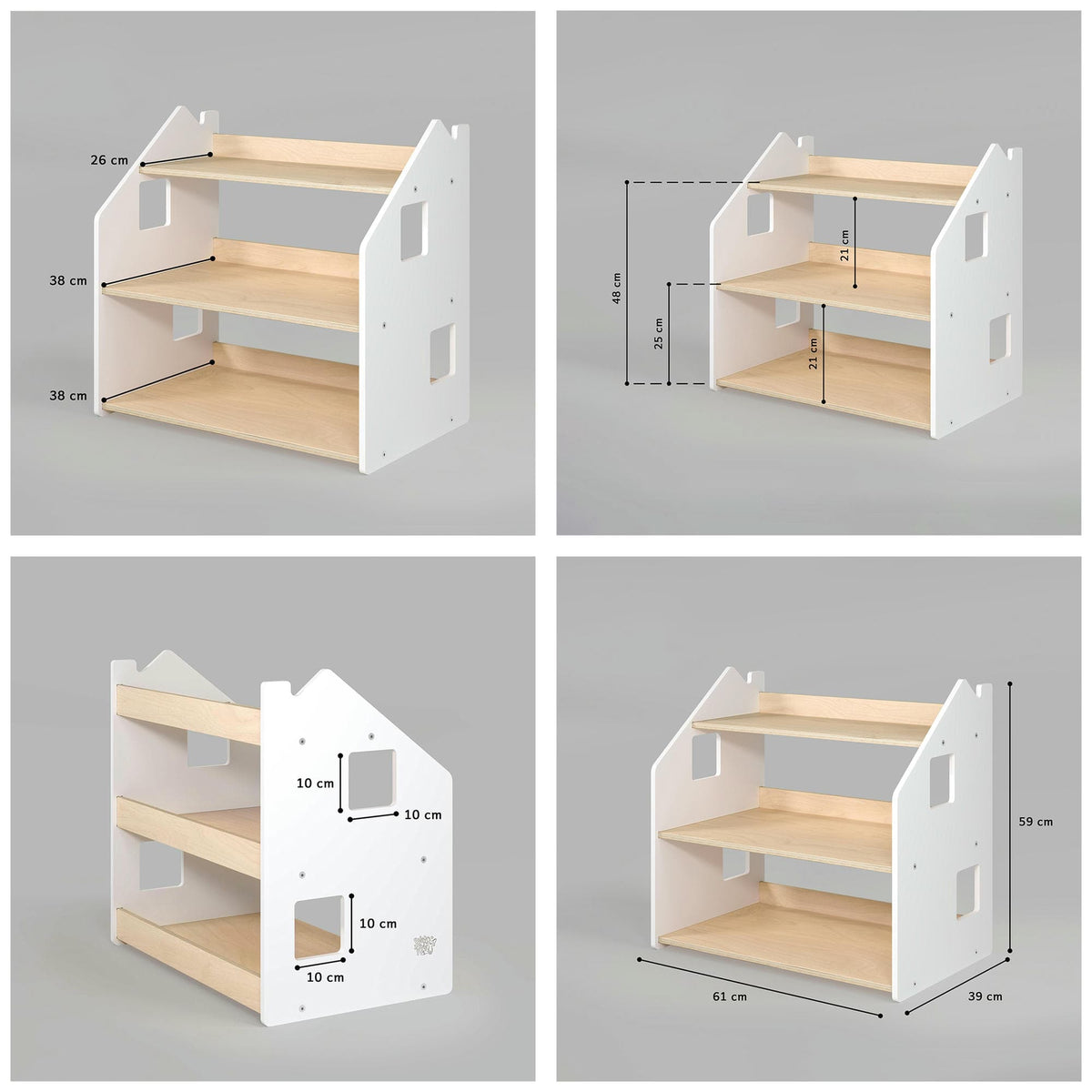 Details en gebruiksmogelijkheden van BusyKids boekenkast en speelgoedrek set – wit en grijs