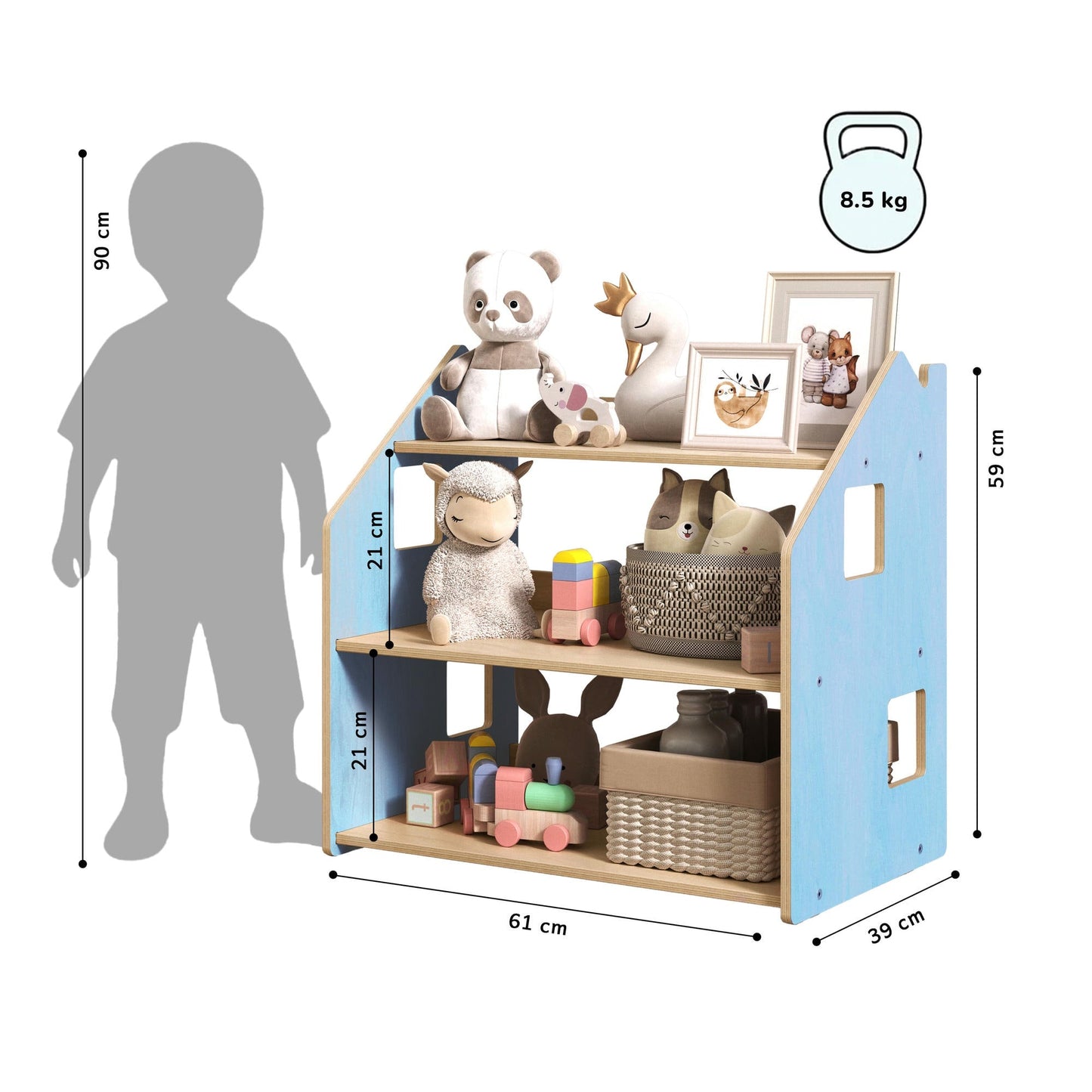 Maatafbeelding van BusyKids speelgoedrek – zachtblauw/roze: 61 × 39 × 59 cm