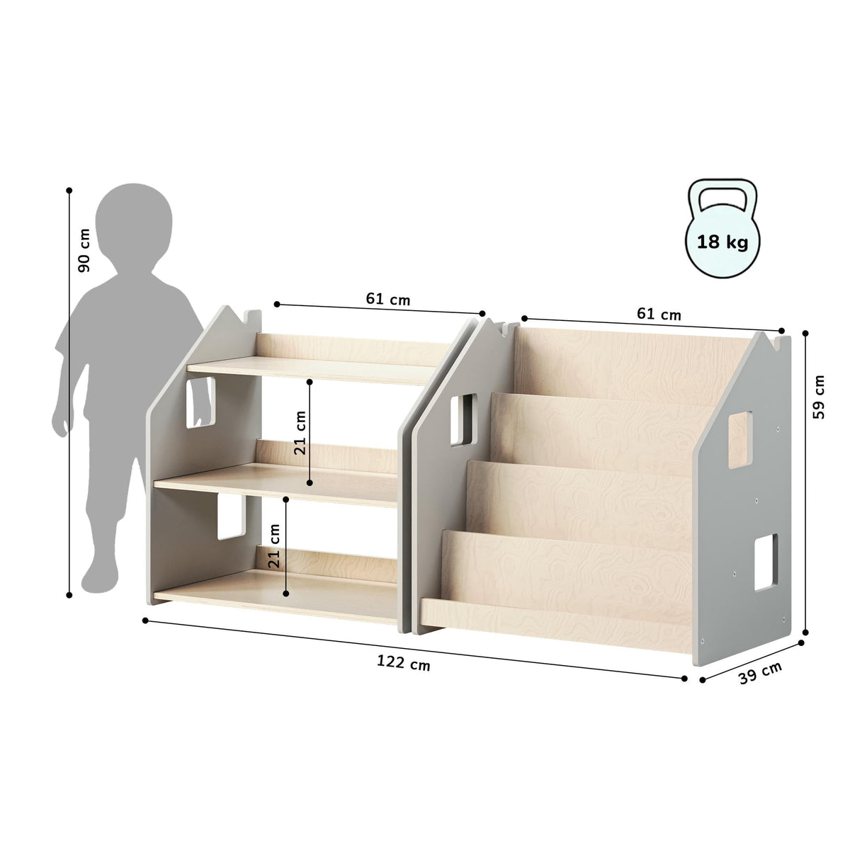 Maatafbeelding van BusyKids boekenkast en speelgoedrek set – wit en grijs: 61 × 39 × 59 cm
