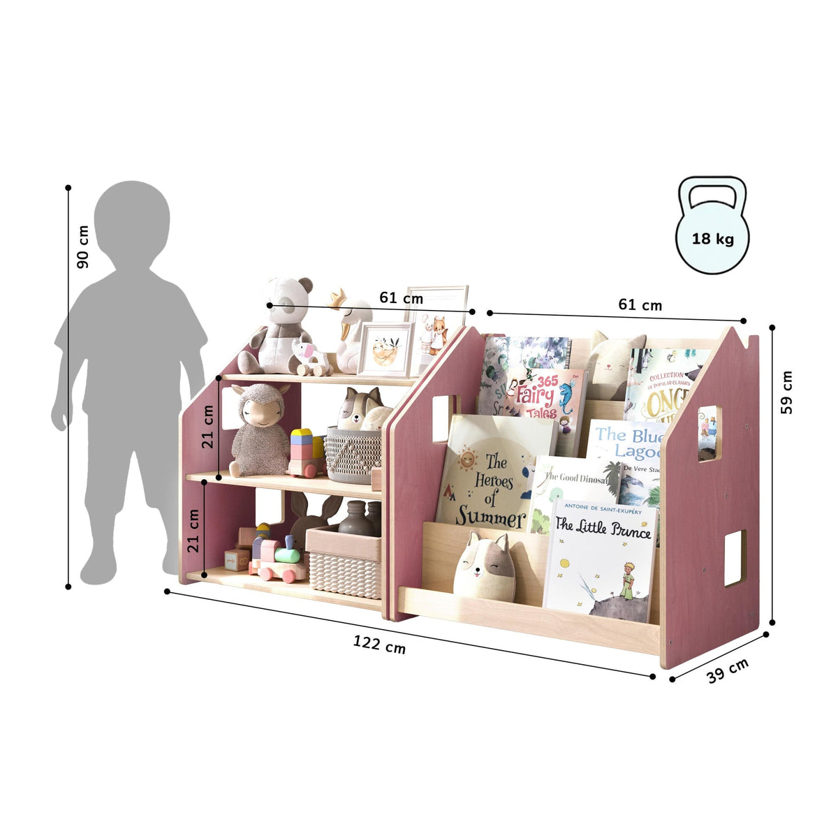 Maatafbeelding van BusyKids boekenkast en speelgoedrek set – zachtblauw/roze: 61 × 39 × 59 cm