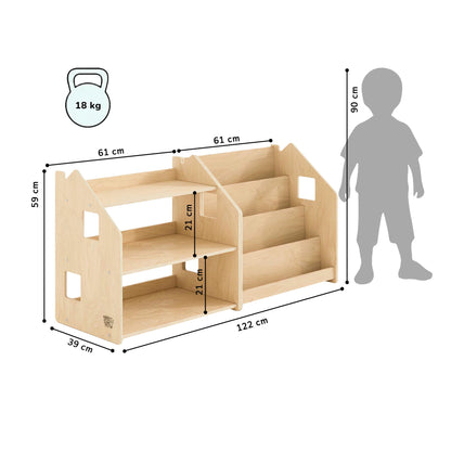 Maatafbeelding van BusyKids boekenkast en speelgoedrek set – limited edition: 61 × 39 × 59 cm