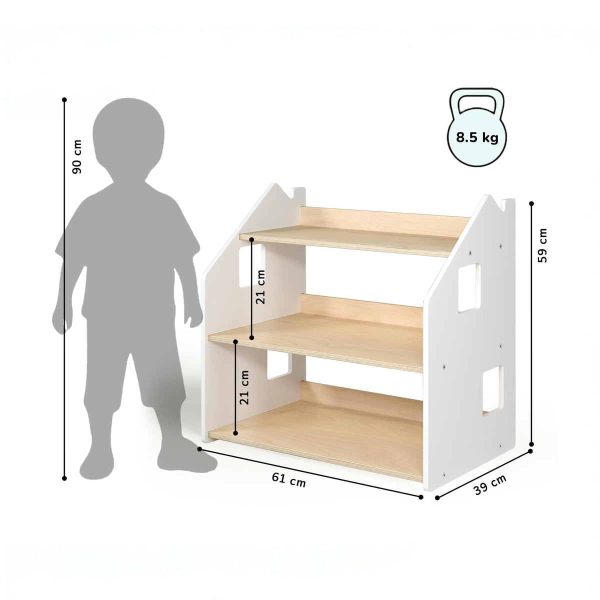 Maatafbeelding van BusyKids speelgoedrek – wit en grijs: 61 × 39 × 59 cm