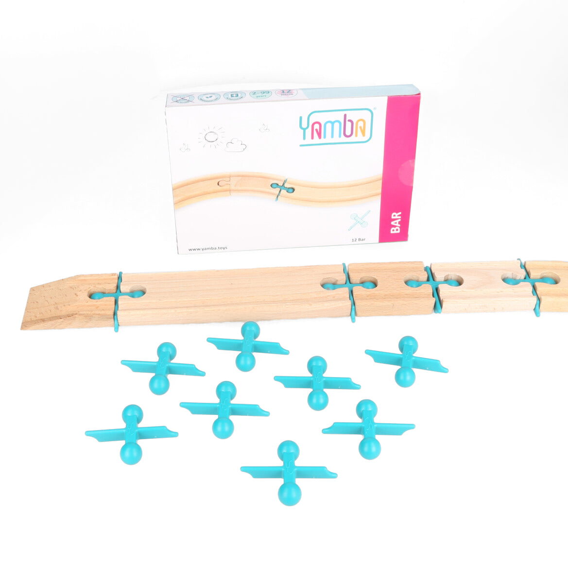 Yamba Bar – 12-delige adapterset met turquoise verbindingsdelen en verpakking