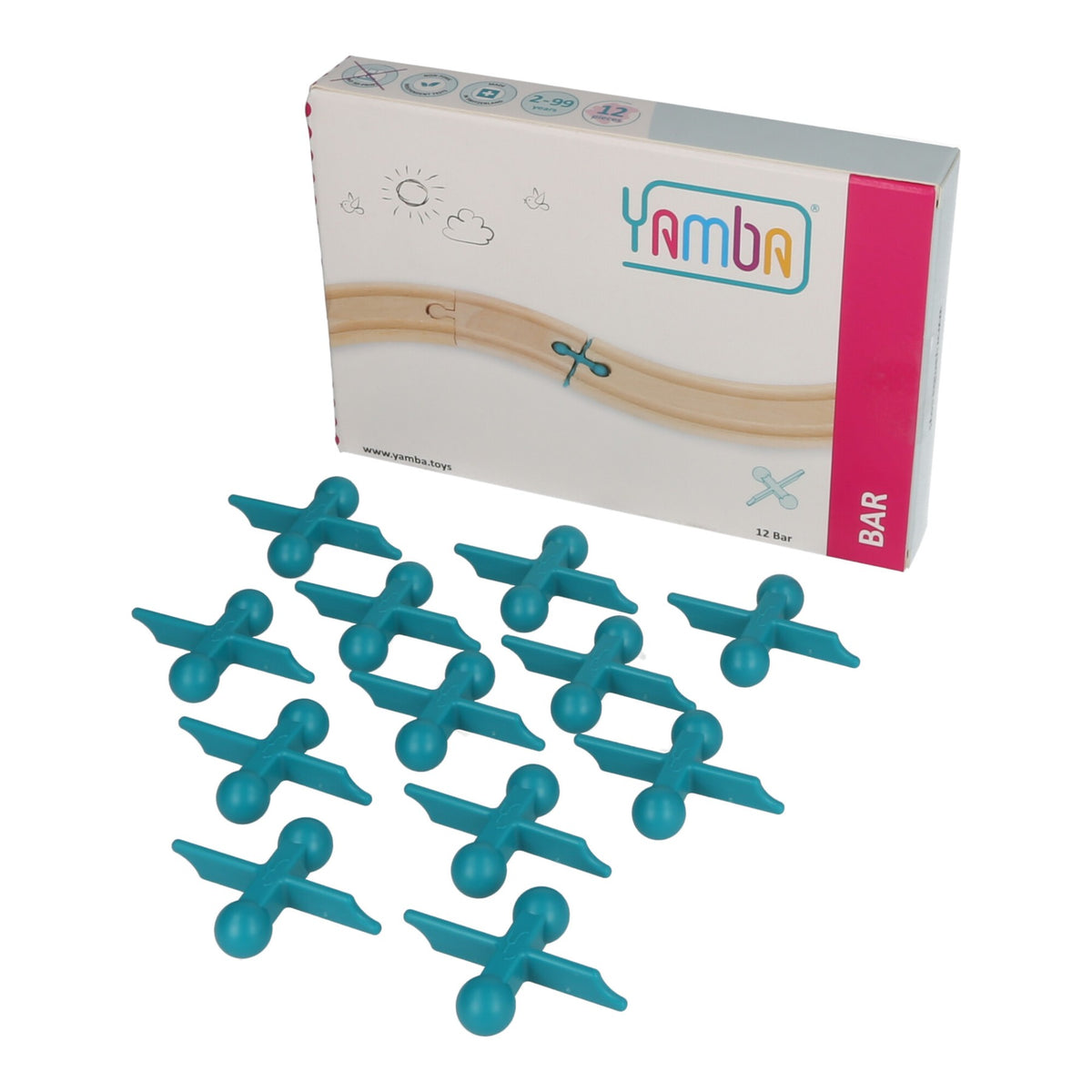 Yamba Bar-Verpackung mit zwölf blauen Schienenverbindern