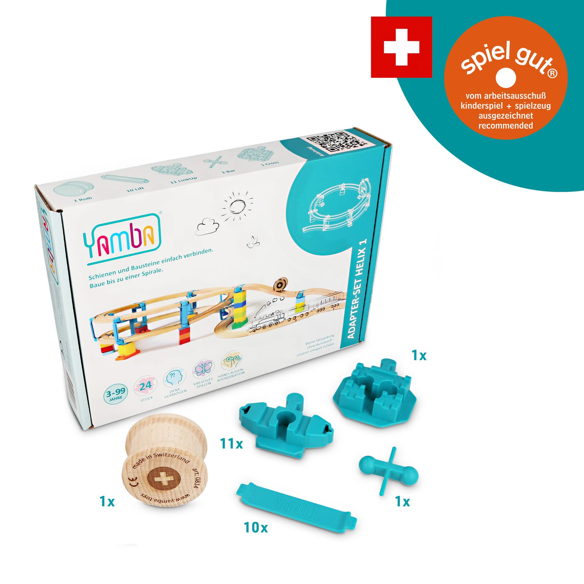 Yamba Helix 1-Verpackung mit blauen Adaptern, Lift-Elementen und Holzrolle