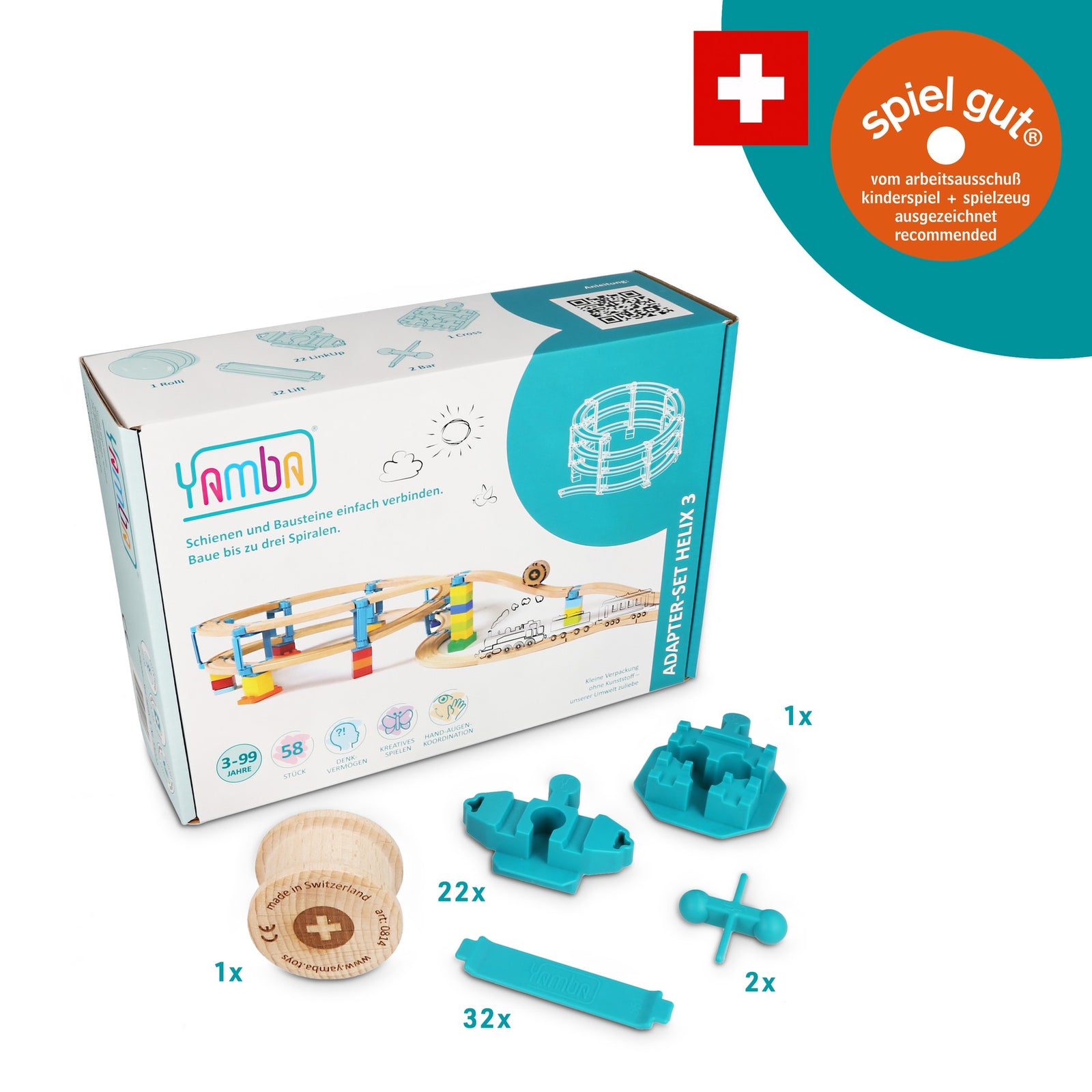 Yamba Helix 3-Verpackung mit blauen Adaptern, Lift-Elementen und Holzrolle