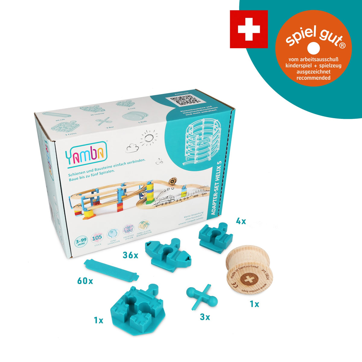 Yamba Helix 5-Verpackung mit blauen Adaptern, Lift-Elementen und Holzrolle
