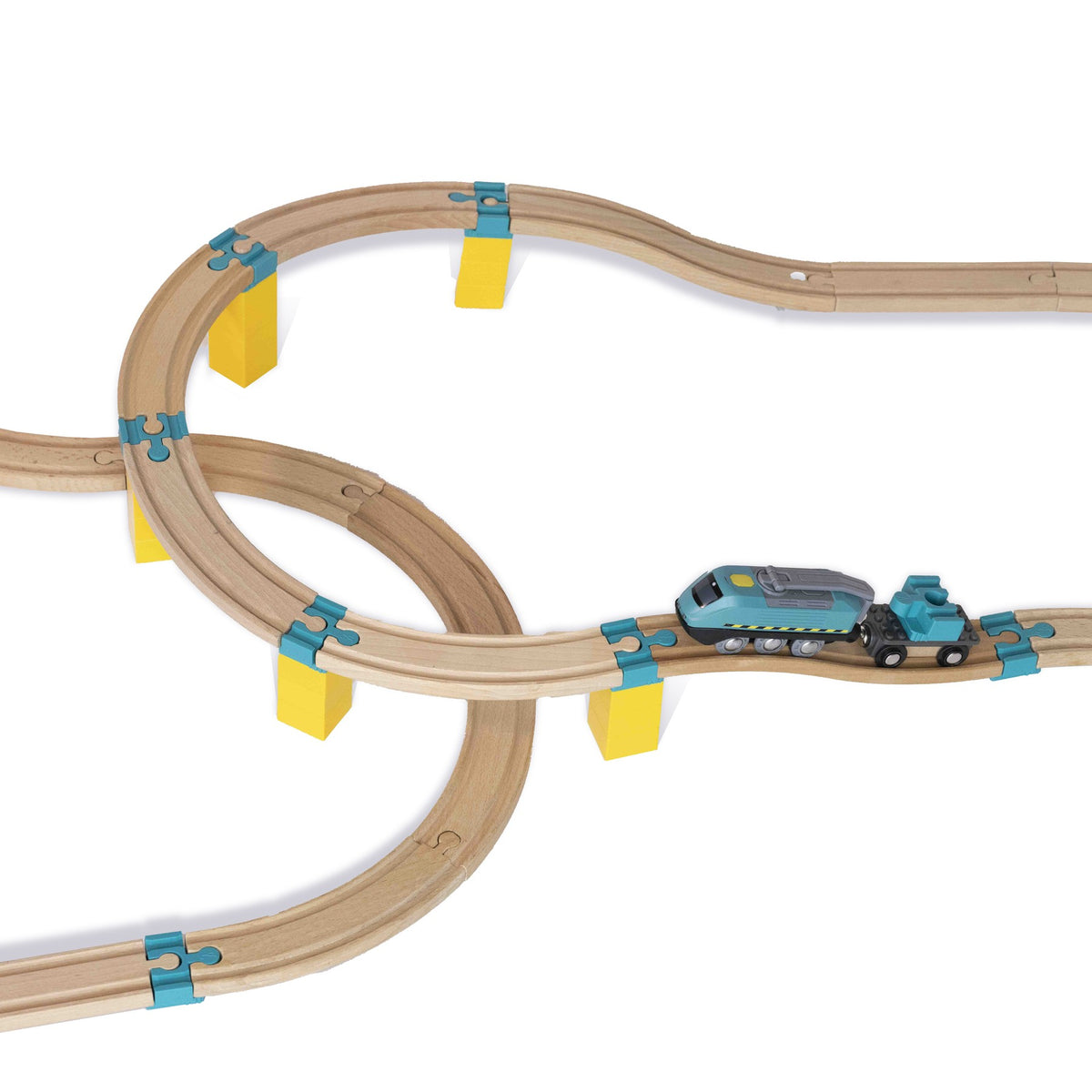 Holzeisenbahn mit einer Abzweigung, bunten Bausteinen und blauen Yamba Link-Adaptern